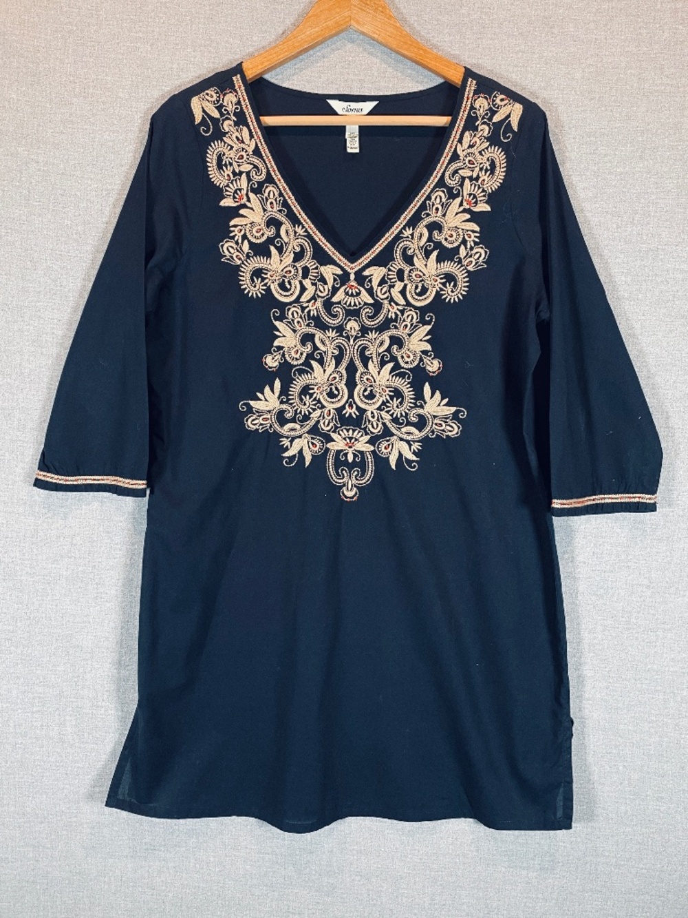 Soma Black Embroidered Tunic Swim Cover Up Dress Medium Boho Coastal
